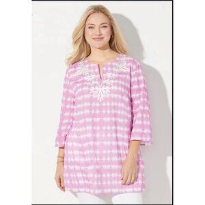 Catherines Blouse Size 2X Petite Purple Pink Soutache Trim Tunic Tie Dye BOHO